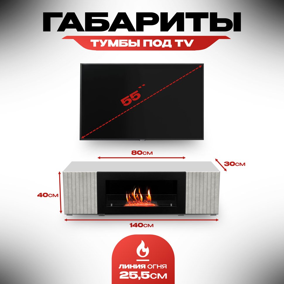 Тумба под ТВ с биокамином SteelHeat LIVORNO IMPULSE 140 см (корпус ...
